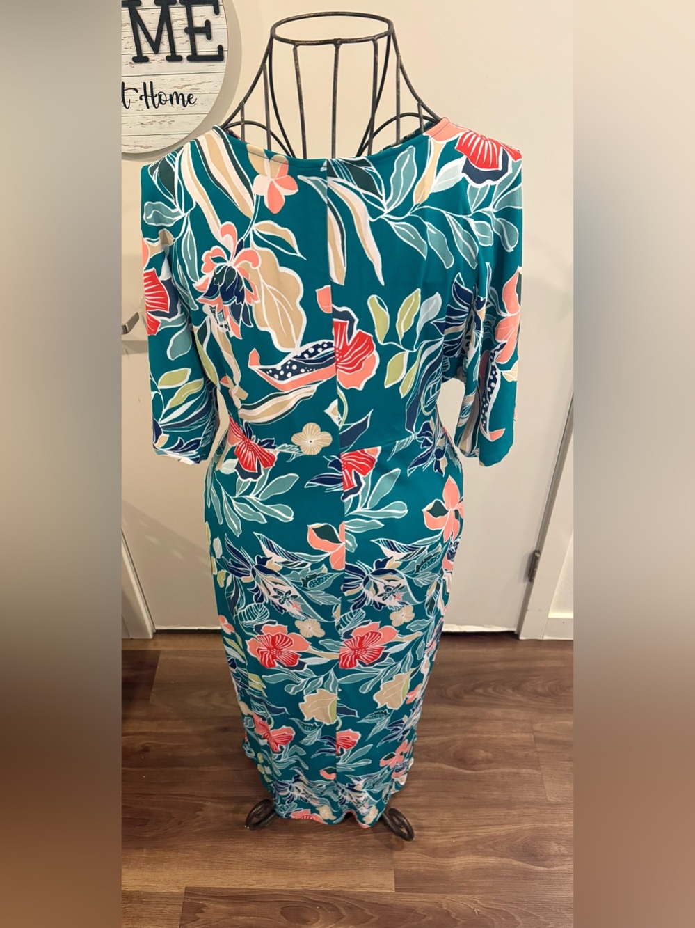 VENUS Teal Floral Knot-Waist Maxi Dress with Coral & Cream Blooms - Picture 8 of 10